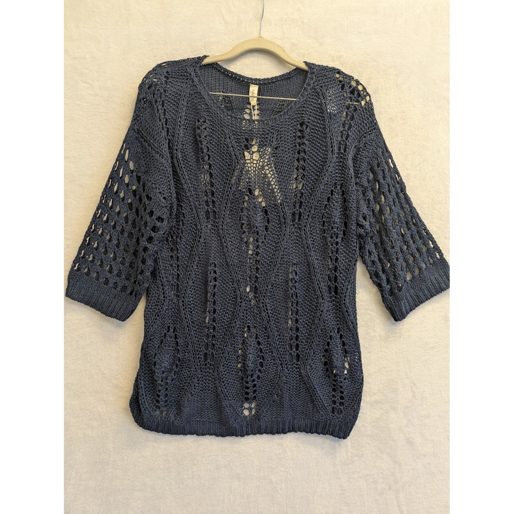 Evaless‎ Blue Crochet Knit Top Tunic 3/4 Sleeve Lightweight Size M